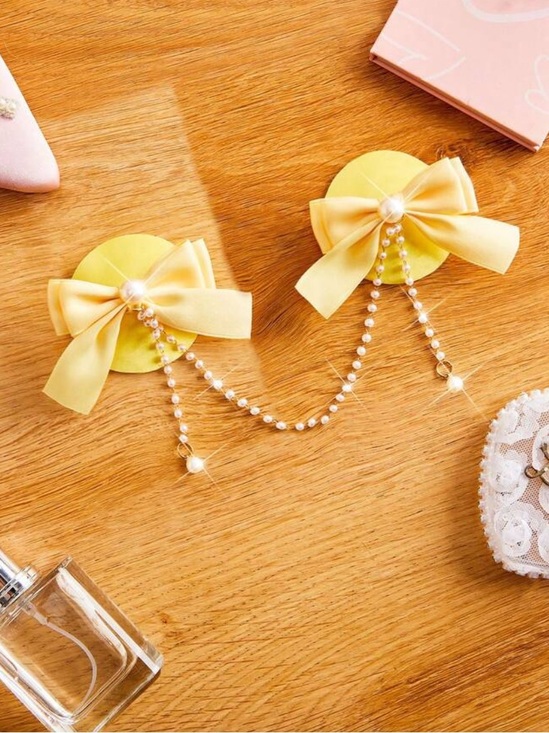 Accessories - Yellow Bow Pearl Chain Nipple Pasties